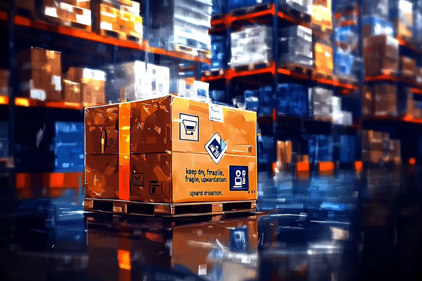 Paleta z pomarańczowym kartonem oznaczonym symbolami ostrożnego obchodzenia się w strefie przyjęć